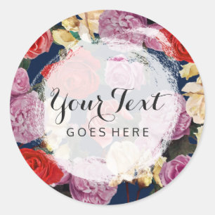 Vintage Roses Floral & Navy Trendy Modern Florist Classic Round Sticker
