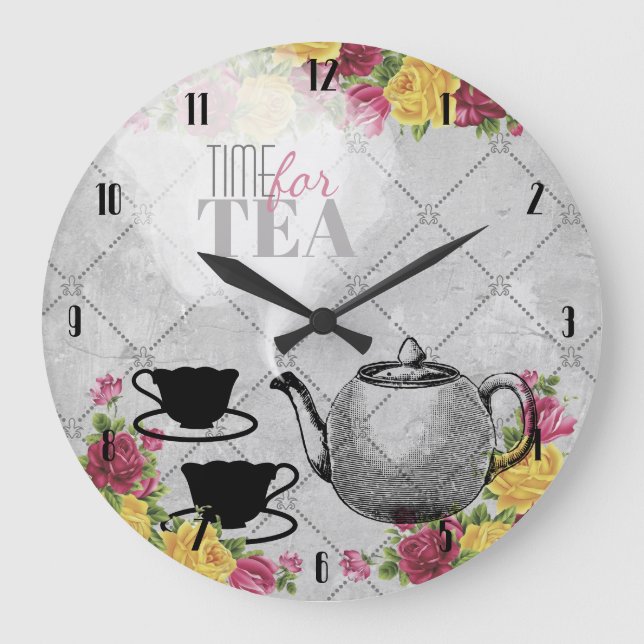 Vintage roses flowers teacups personalized kitchen large clock (Front)