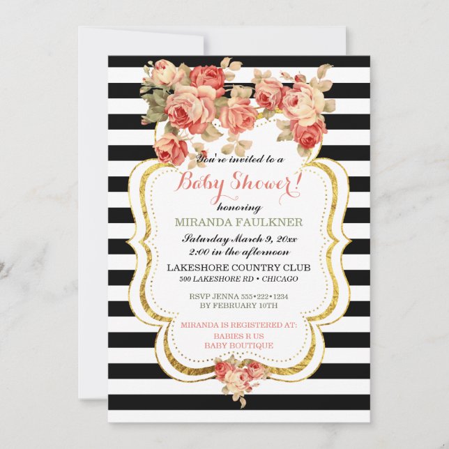 Vintage Roses Gold Foil Modern Black White Invitation (Front)