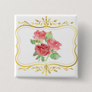 vintage roses gold frame floral design  2 inch square button