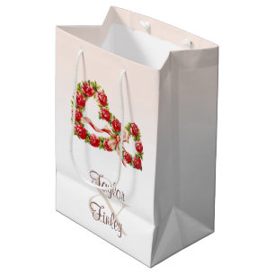 Vintage Roses Heart Wreath Red White Thank You Medium Gift Bag