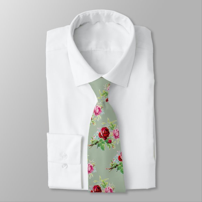 vintage roses in dusty  sage  green  tie (Tied)