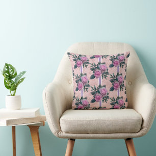 Vintage Roses Lavender Ribbons Lace Throw Pillow