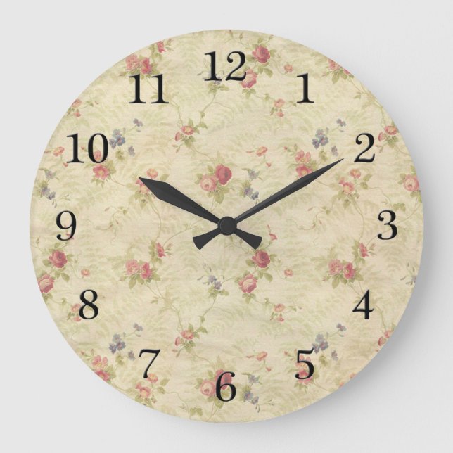 Vintage Roses old distressed fabric pattern Large Clock (Front)
