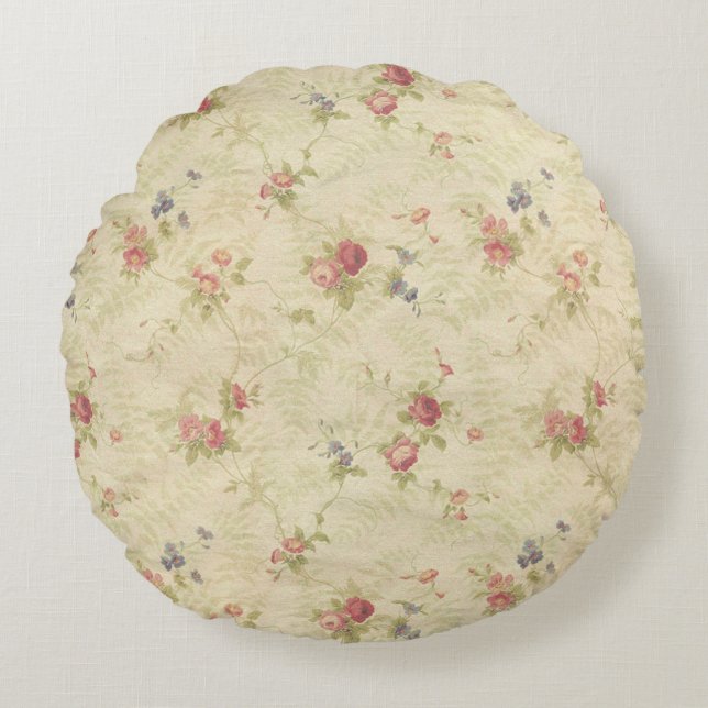Vintage Roses old distressed fabric pattern Round Pillow (Front)