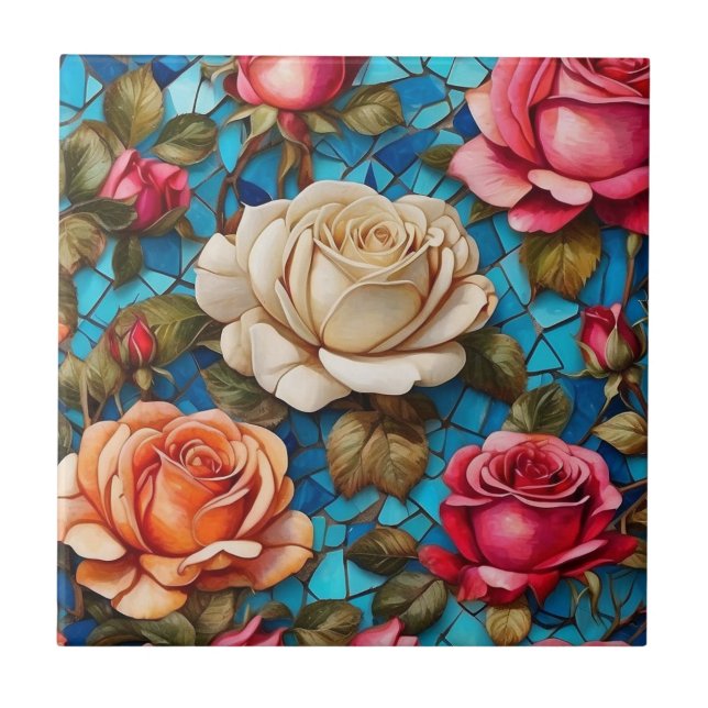 Vintage Roses on Blue Mosaic Background  Tile (Front)