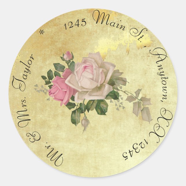 Vintage Roses on Gold Customized Classic Round Sticker (Front)