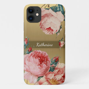 Vintage Roses on Gold with Name Monogram iPhone 11 Case