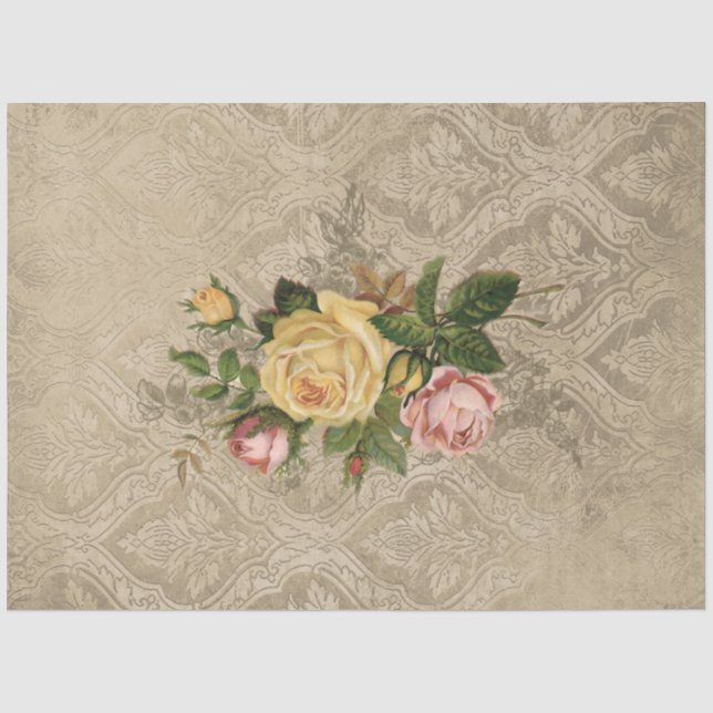 Vintage Roses on Grungy Sepia Damask Tissue Paper (Front)