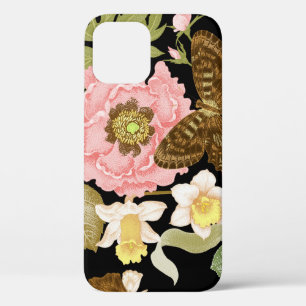 Vintage Roses Peonies: Black Floral Pattern iPhone 12 Case