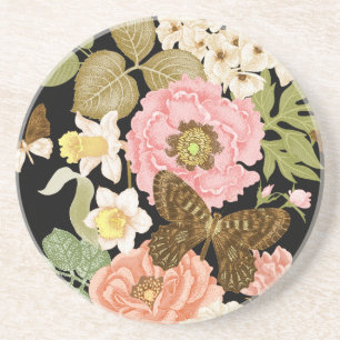 Vintage Roses Peonies: Black Floral Pattern Coaster