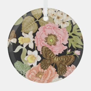 Vintage Roses Peonies: Black Floral Pattern Glass Ornament