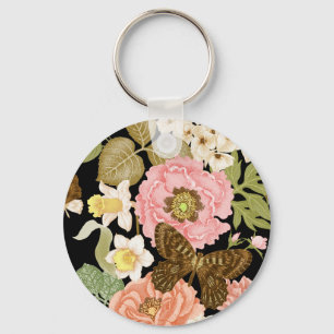 Vintage Roses Peonies: Black Floral Pattern Keychain