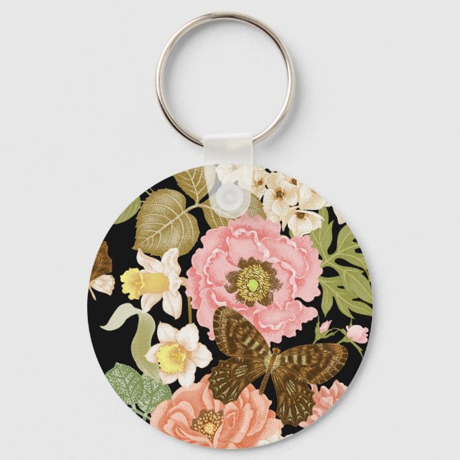 Vintage Roses Peonies: Black Floral Pattern Keychain (Front)