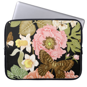 Vintage Roses Peonies: Black Floral Pattern Laptop Sleeve