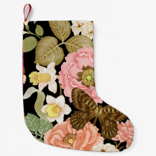 Vintage Roses Peonies: Black Floral Pattern Small Christmas Stocking