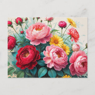 Vintage Roses, Peony Flowers Colorful Bouquet Postcard