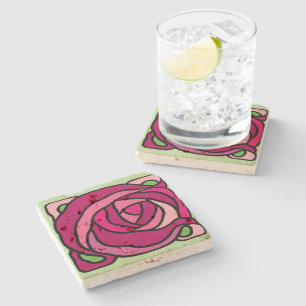Vintage Roses Pink and Green floral pattern Stone Coaster