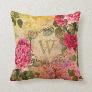 Vintage Roses Pink Floral Damask Monogrammed Throw Pillow