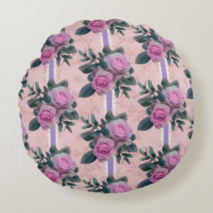 Vintage Roses Ribbons Lace Lavender  Round Pillow
