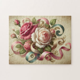Vintage Roses & Ribbons Romantic Floral Art Jigsaw Puzzle