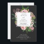 Vintage roses romantic wedding invitation<br><div class="desc">Vintage feel to an elegant invitation with blush roses and ample green foliage in a vintage manner on a off black background. Combined with serif font which is easily customized for your needs and rose borders this is a perfect choice for any season. This will suite black tie or just...</div>