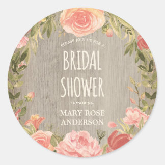 Vintage Roses & Rustic Wood | Floral Bridal Shower Classic Round Sticker