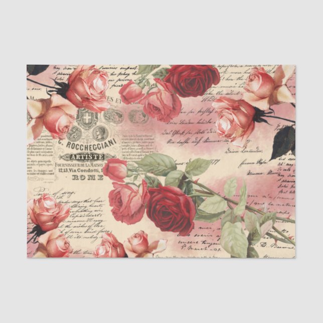 Vintage Roses Script Pink Blush Ephemera Tissue Paper (Front)