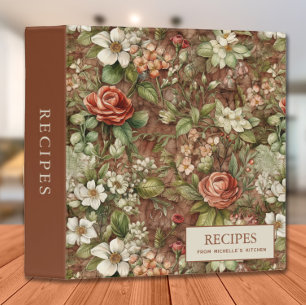 Vintage Roses White Flowers Brown Recipe Cookbook Binder