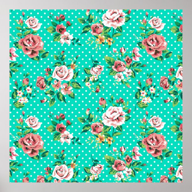 Vintage Roses White Polkadots Whimsical Pattern Poster (Front)