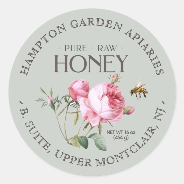 Vintage Roses with bee Honey Label on Sage (Front)