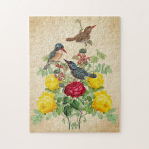 Vintage Roses with Kingfisher Birds Jigsaw Puzzle