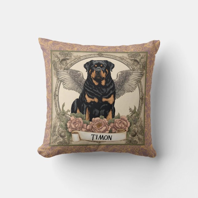 Vintage Rottweiler Angel Art Tribute Throw Pillow (Front)