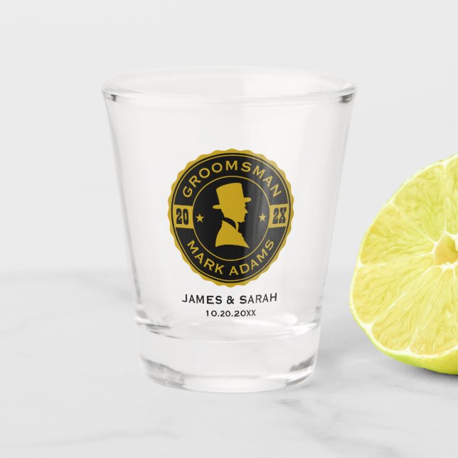 Vintage Round Badge Elegant Gentleman Groomsmen Shot Glass (Front)