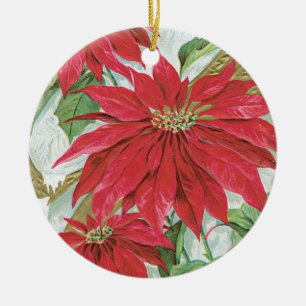 Vintage Round Poinsettia Ceramic Ornament