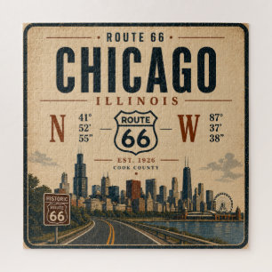 Vintage Route 66 Chicago Skyline Art Jigsaw Puzzle