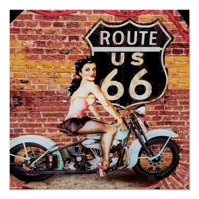 Vintage Route 66 Lady on Motorcycle Poster (Front)