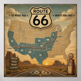 Vintage Route 66 Map Gas Pump Landscape Poster