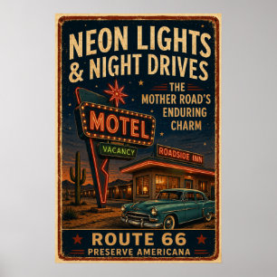 Vintage Route 66 Neon Motel Night Drive Poster