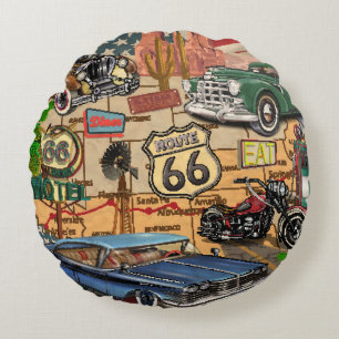 Vintage Route 66, nostalgic poster. Round Pillow