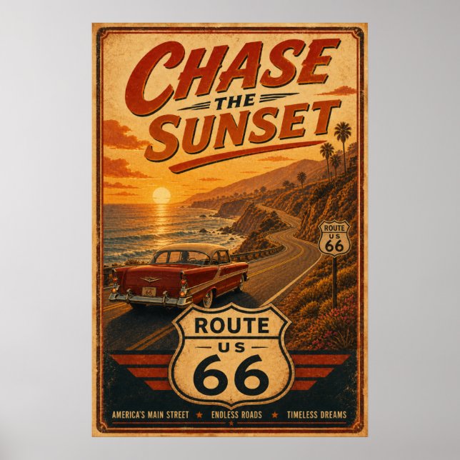 Vintage Route 66 Sunset Highway Poster (Front)