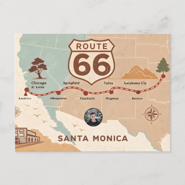 Vintage Route 66 USA Map Holiday Postcard (Front)