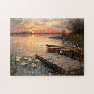 Vintage Rowboat at Sunset Lake Jigsaw Puzzle