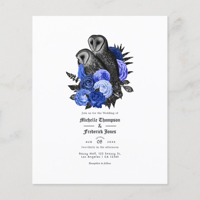 Vintage Royal Blue Owls Gothic Wedding Invitation Flyer (Front)
