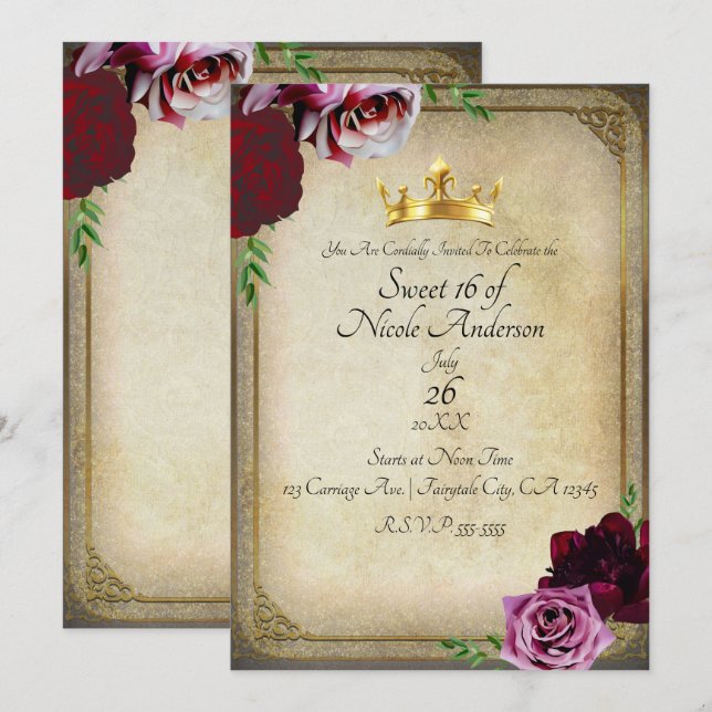 Vintage Royal Crown Dark Floral Sweet 16 Party Invitation (Front/Back)