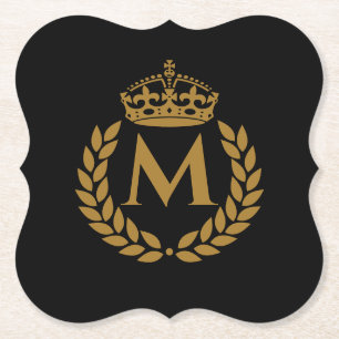 Vintage royal king golden crown name initial black paper coaster