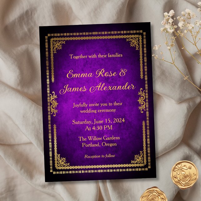 Vintage Royal Purple and Gold Frame Wedding Invitation (Creator Uploaded)