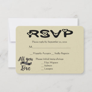 Vintage RSVP Tan & Black Wedding Love Hearts Card