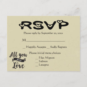 Vintage RSVP Tan & Black Wedding Love Hearts Invitation Postcard