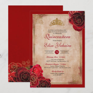 Vintage Ruby Red & Gold Roses Royal Quinceanera Invitation